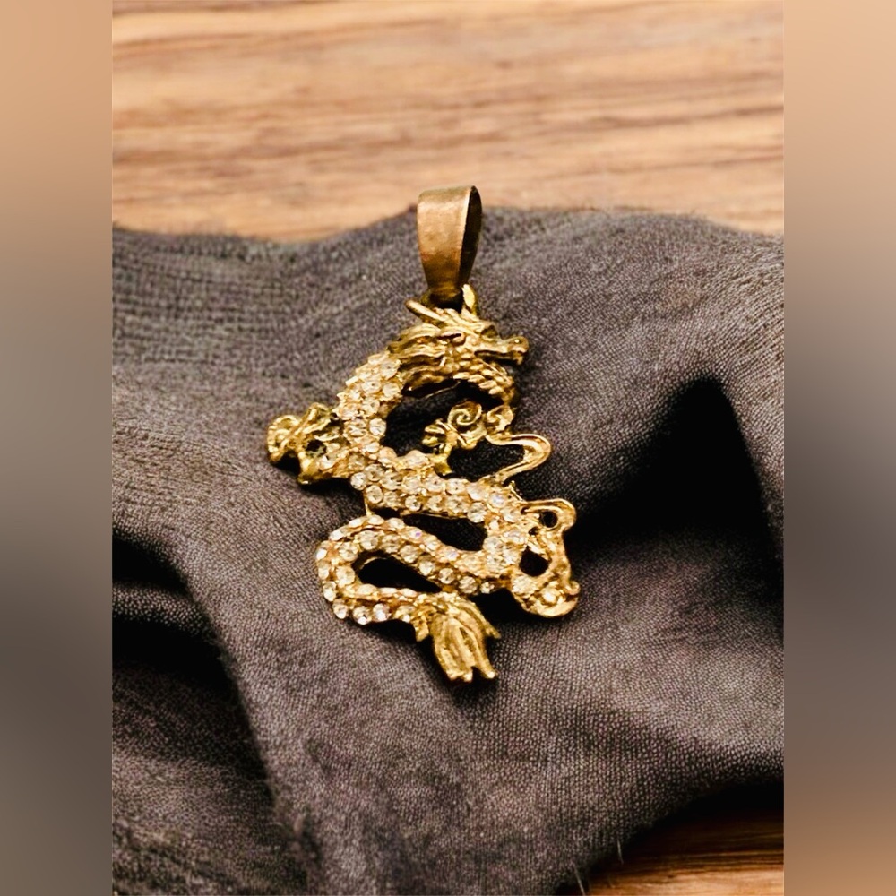 Intricate Gold Toned Dragon Pendant Necklace